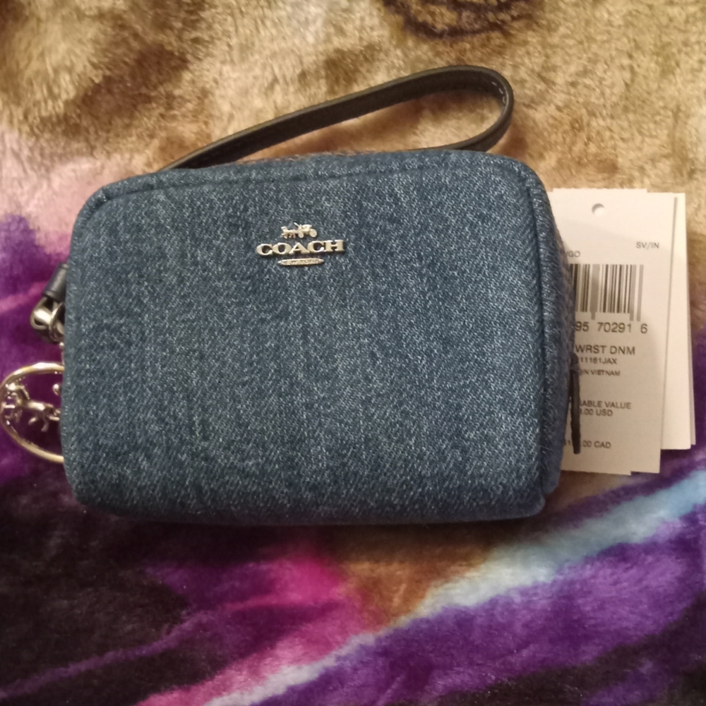 Coach Blue Denim Corner Zip Pouchette Wristlet NWT